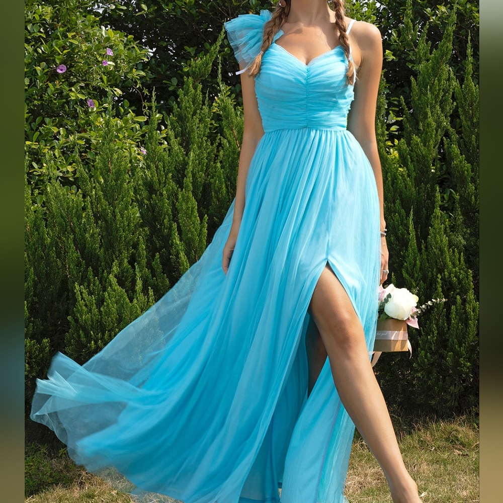 Blue Asymmetrical Ruched Dress with Side Slit